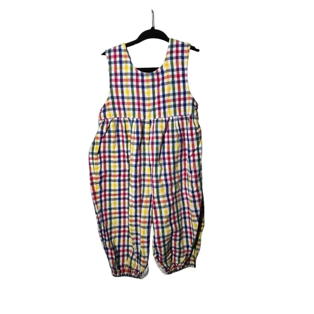 Vintage Plaid Overall Jumper 12 Months Cotton Handmade 80s 90s Colorful Red Blue